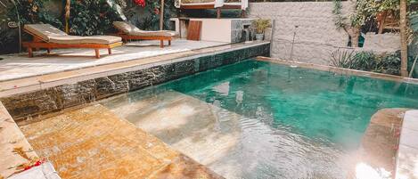 Indoor pool, open 9:00 AM to 9:00 PM, sun loungers