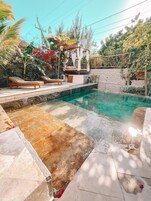 Indoor pool, open 9:00 AM to 9:00 PM, pool loungers