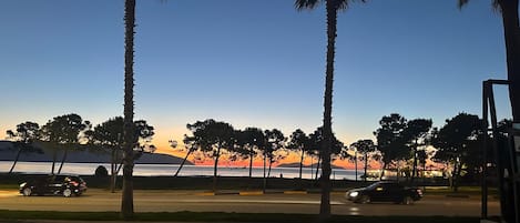 A parking area with palm trees and a view of the sunset over the water.