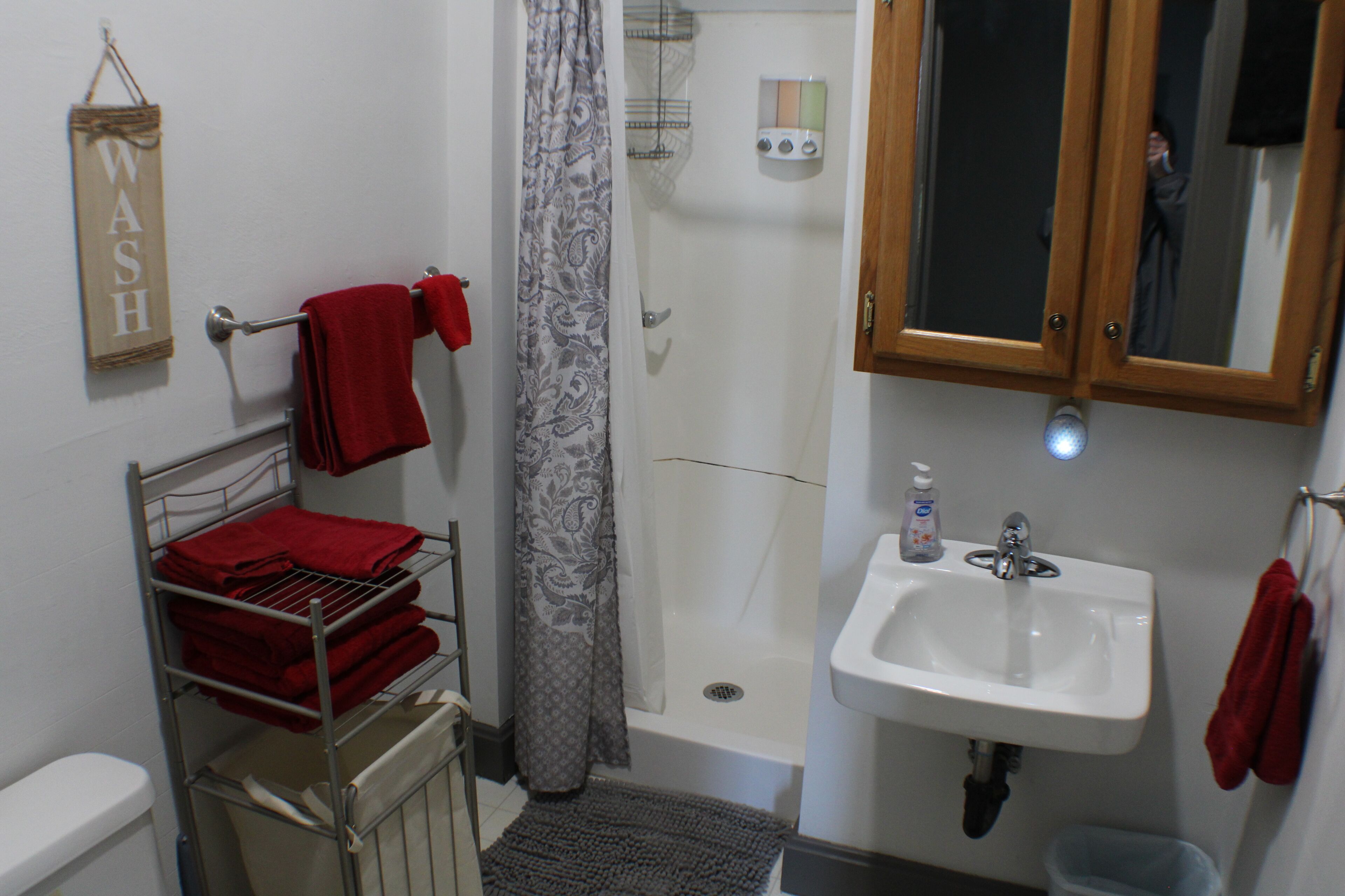 Une salle de bain équipée d’une douche, d’un lavabo, d’un porte-serviettes et de toilettes.