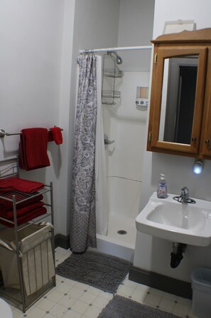A bathroom with a shower, a sink, a mirror, and a towel rack with red towels. - Studio Close to MTU, Houghton, Keweenaw, Dining, on the Trail & Full Amenities (South Range)