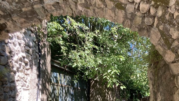 Un étroit sentier de pierre bordé de murs couverts de verdure et surmonté d’un portail en métal.