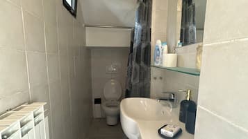 Shower, hair dryer, towels, shampoo