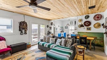 Smart TV, fireplace, books