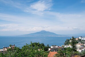 A coastal town with a prominent mountain in the background, a clear view of the sea, and residential buildings with red-tiled roofs. - Villa Azzurra (Vico Equense)