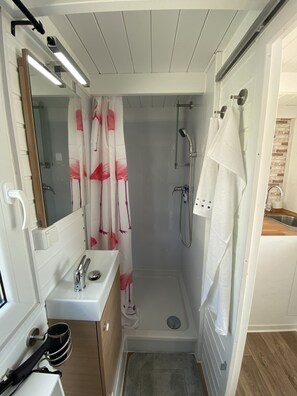 Shower, hair dryer, soap, toilet paper