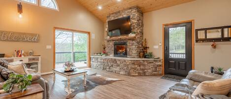 Smart TV, fireplace, books, stereo