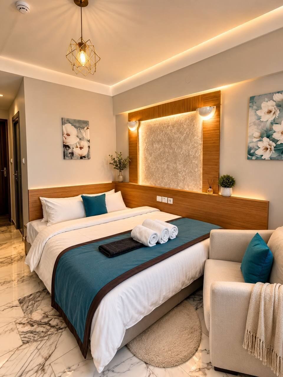A modern hotel room with a large bed, a seating area, a wooden headboard, a wall-mounted light, and a ceiling light fixture.