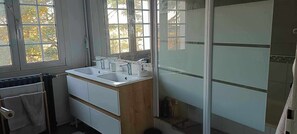 Hair dryer, towels, soap, toilet paper