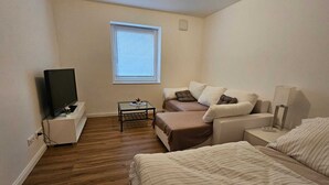 Una habitación pequeña y bien iluminada, con cama, sofá, televisión y ventana.