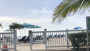 Ein durch einen Zaun abgegrenztes Strandgebiet mit Liegestühlen und Sonnenschirmen, einer Palme und einem Schild, das das Verbot von Glasbehältern anzeigt.