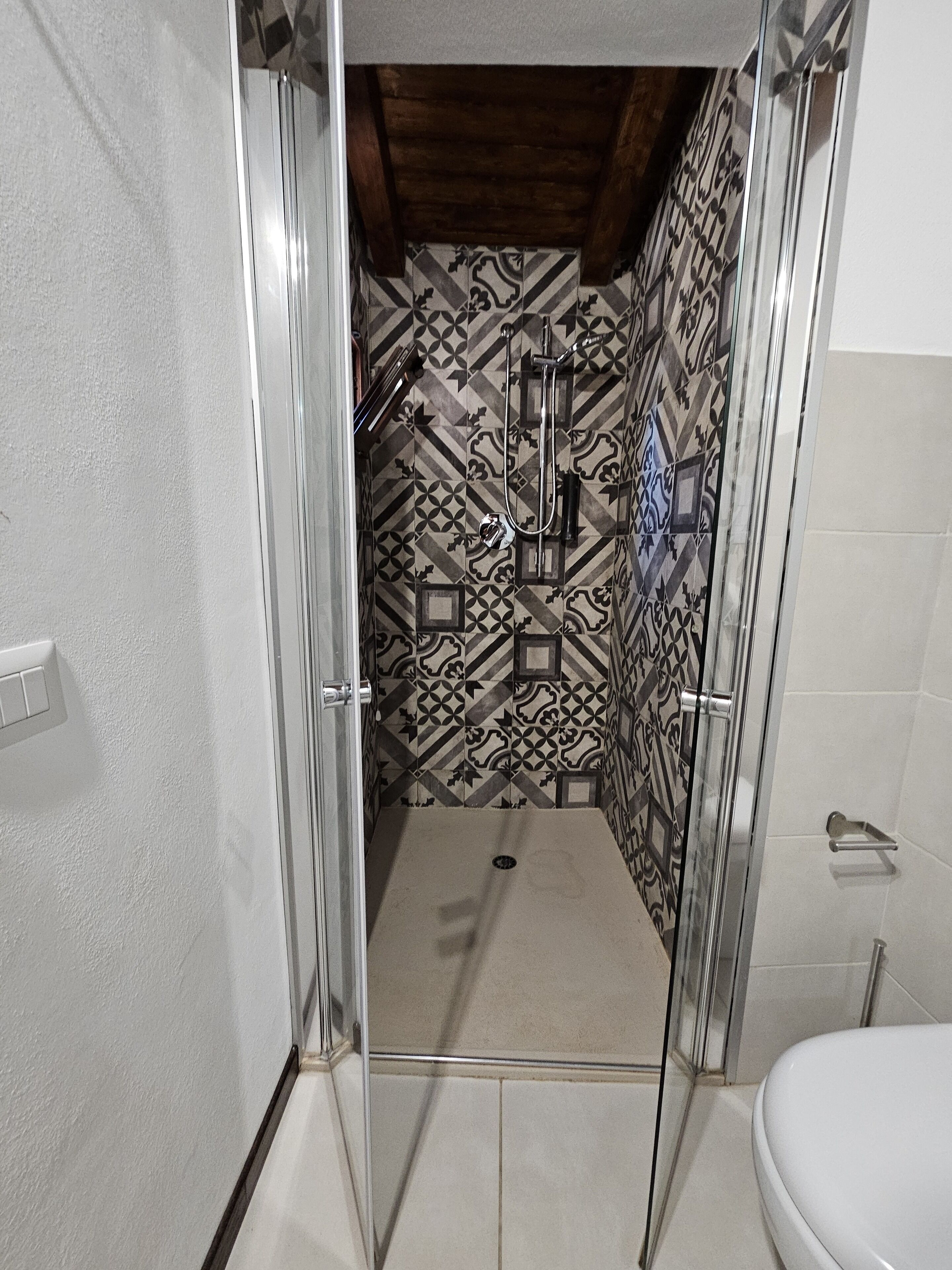 Baño con azulejos estampados, ducha y retrete.