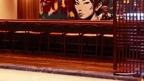 A restaurant interior with a long counter, wooden chairs, and a mural with Asian-inspired artwork. - Luxe rooftop studio in Cantonments steps away from Nekter lounge w/pool & gym  (Accra)