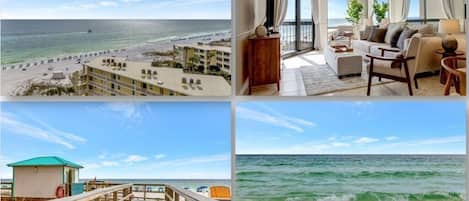 On the beach, sun loungers, beach towels