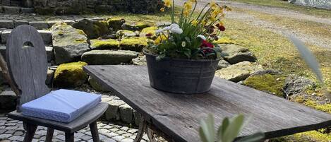A rustic outdoor seating area with a wooden table and a chair, a potted plant, and a stone pathway.
