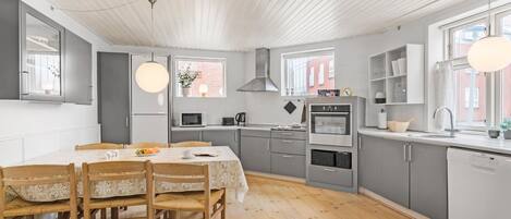 Fridge, stovetop, dishwasher, coffee/tea maker
