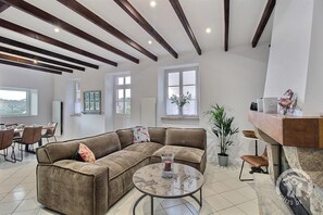 TV, fireplace, books