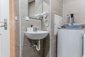 Shower, hair dryer, shampoo