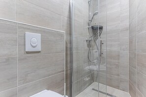 Shower, hair dryer, shampoo, toilet paper