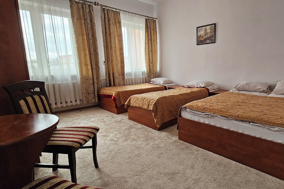 A hotel room with two single beds, a wooden desk, a chair, and a small table.