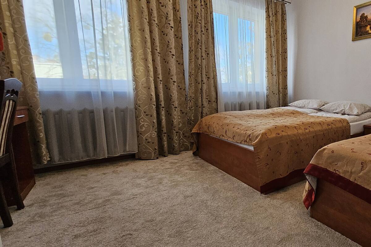 A hotel room with two beds, a painting on the wall, and a radiator.