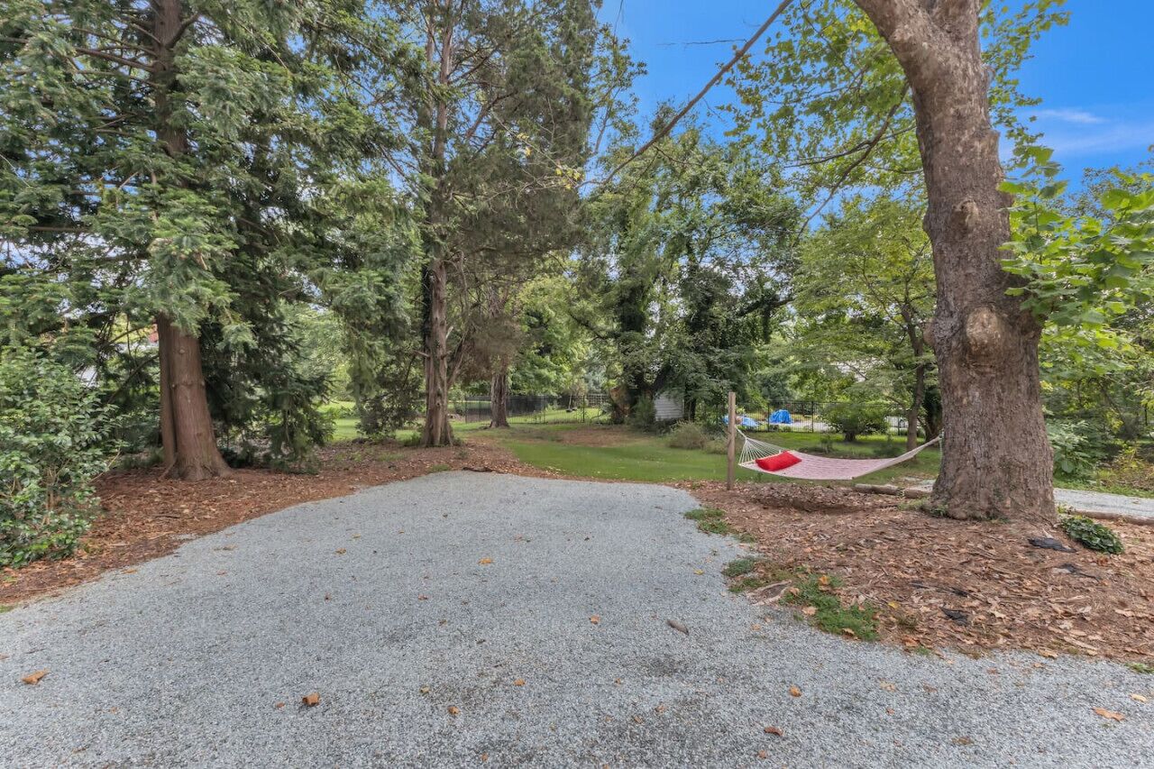 A gravel path leading through a wooded area with trees and a hammock.