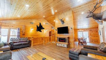 Smart TV, fireplace, foosball