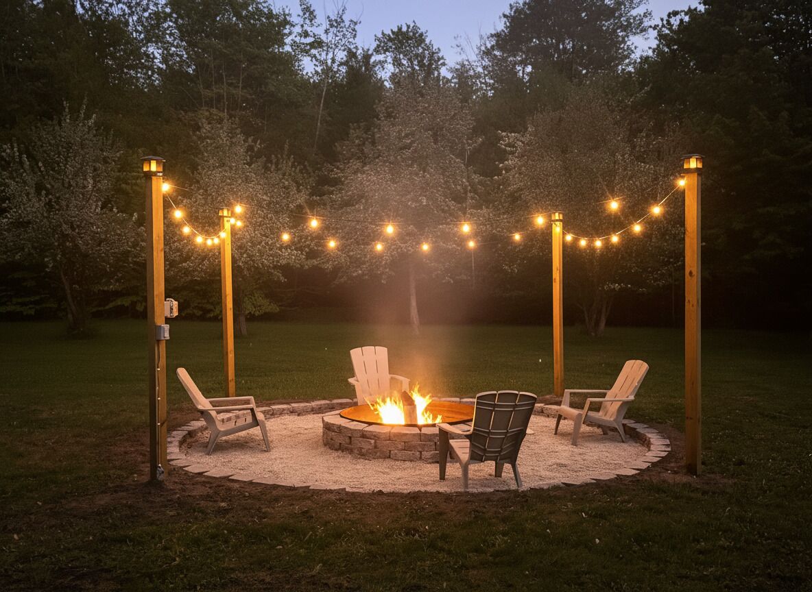 A circular fire pit with chairs around it, surrounded by a gravel area, with string lights above.