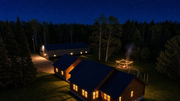A two-story log cabin with a stone foundation, a large open porch, and a fire pit area.