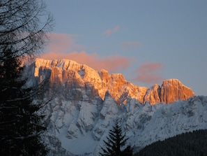 A mountain range with snow-covered peaks and a forested foreground.