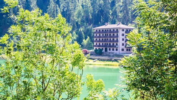 A multi-story building with balconies, surrounded by lush greenery and a body of water. - Regina 9 (Alleghe)