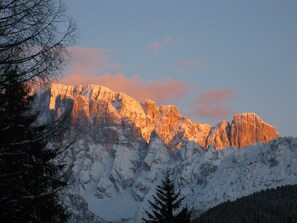 Ein Bergmassiv mit schneebedeckten Gipfeln und einem bewaldeten Vordergrund.