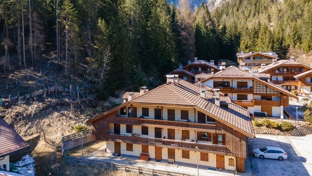 A cluster of wooden chalets with balconies, set against a backdrop of dense forest and mountains.