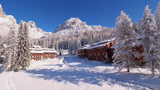 A snow-covered mountain resort with buildings and trees. - Petit Arnica (Selva di Cadore)