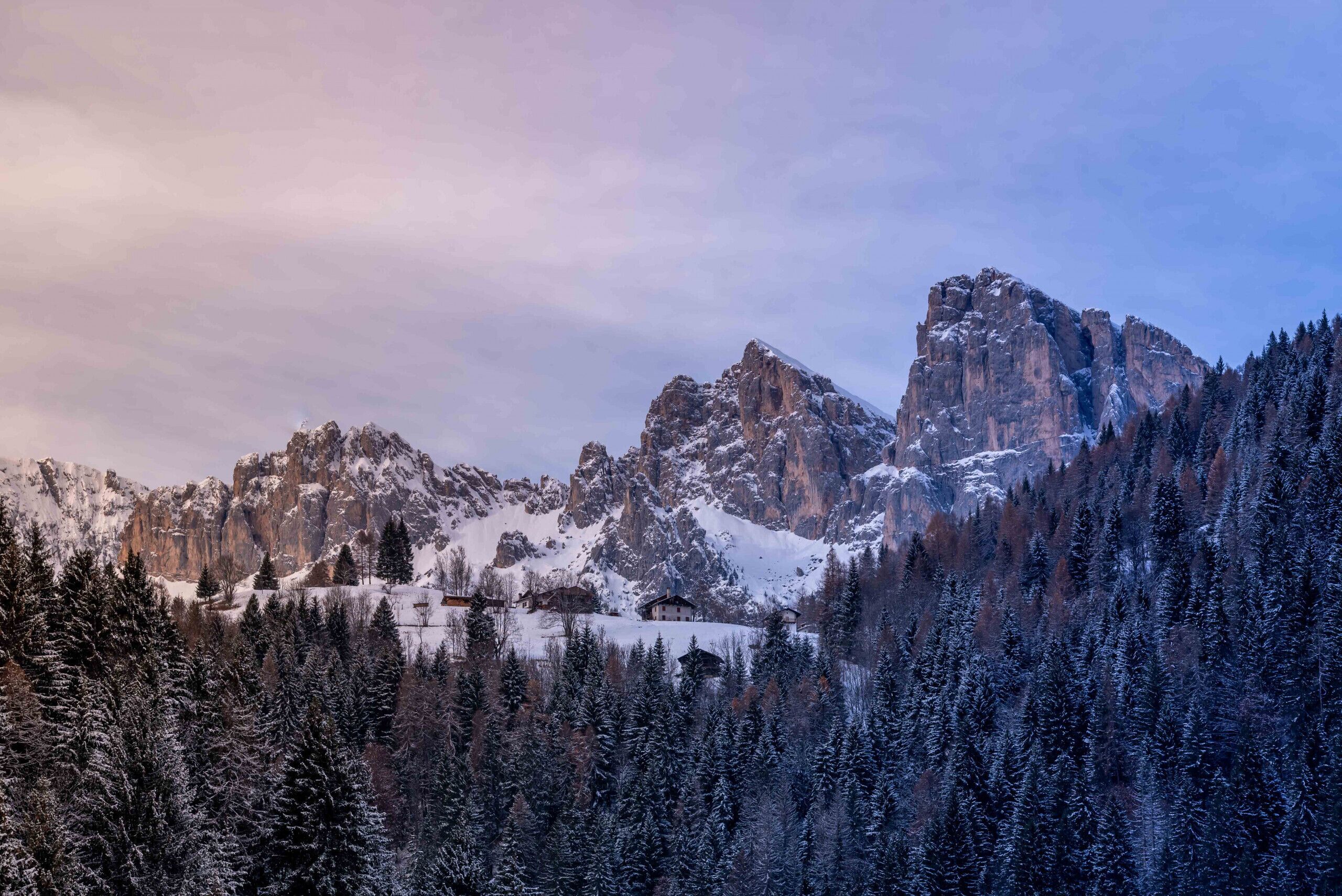 A mountainous landscape with snow-covered trees and rocky peaks.