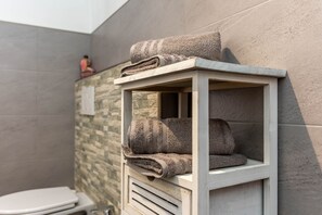 Douche, séchoir à cheveux, serviettes fournies