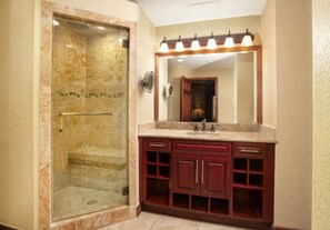 Shower, jetted bath, hair dryer, towels