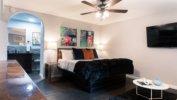 Ein modernes Schlafzimmer mit Bett, Deckenventilator, Wandkunst und Fernseher.