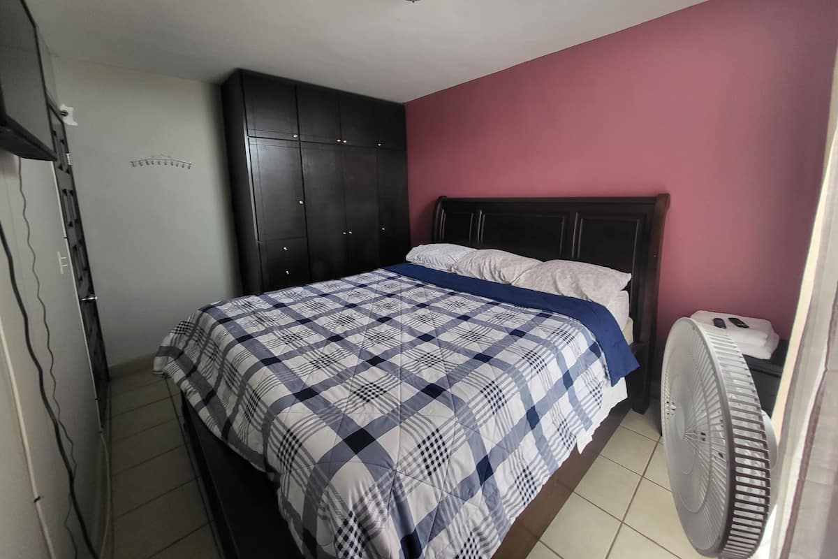 A bedroom with a bed, a wardrobe, a ceiling fan, and a door.