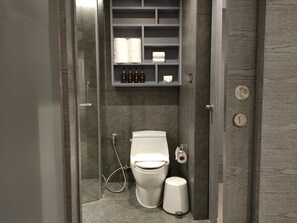 Hair dryer, towels, soap, toilet paper