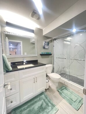 Shower, hair dryer, towels, soap