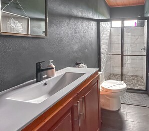 Rumah | Kamar mandi | Shower, pancuran hujan, perlengkapan mandi gratis, dan pengering rambut