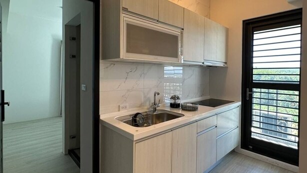 A modern kitchen with a built-in microwave, a sink, and light wood cabinetry. - Luxury Apartment (Hengchun)