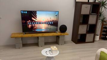 A living room with a TV on a stand, a small table with a remote and tissues, a sofa with cushions, and a bookshelf with plants.