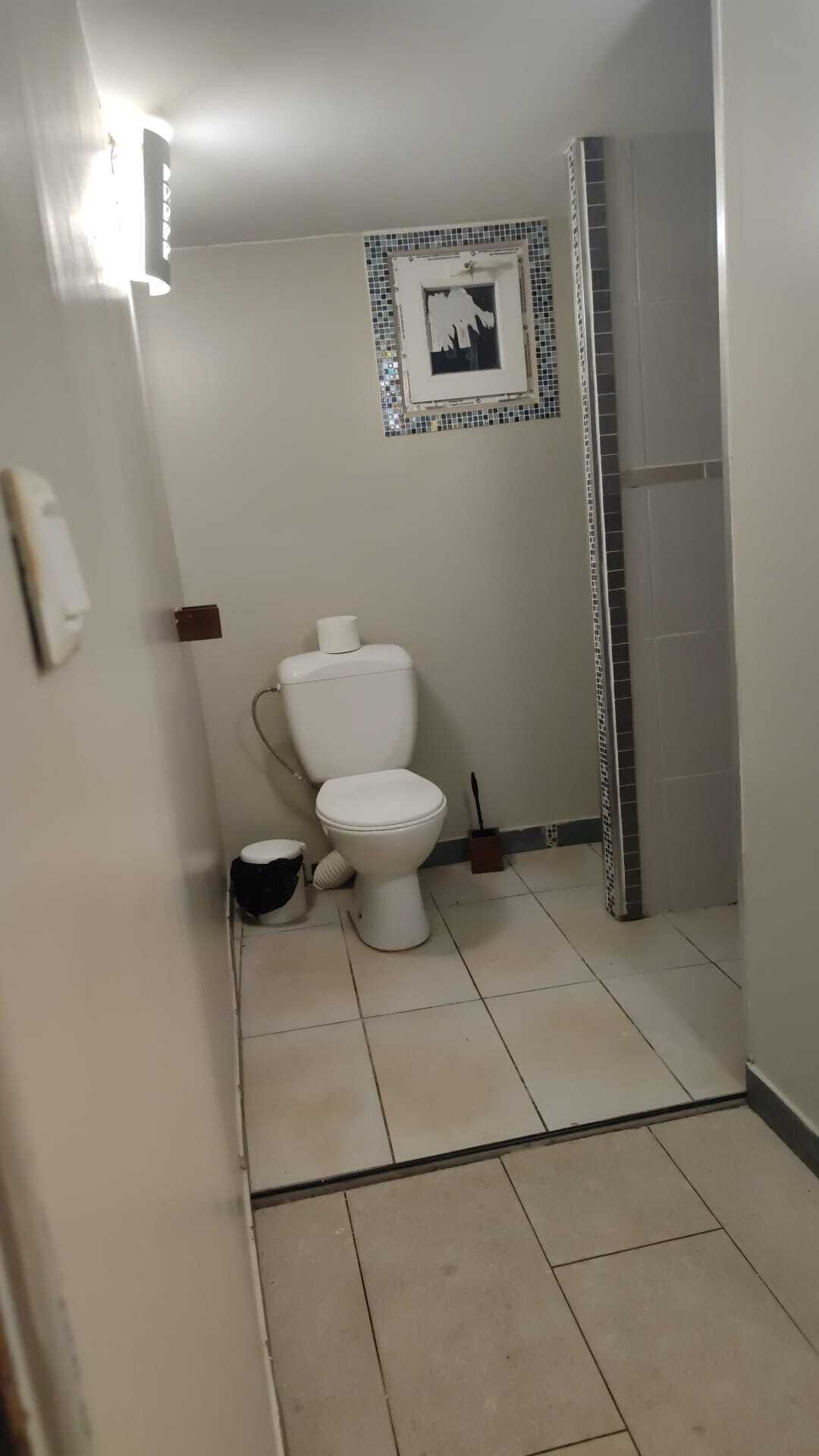 Een kleine badkamer met toilet, een hygiëneschuimer en een douchehoek.
