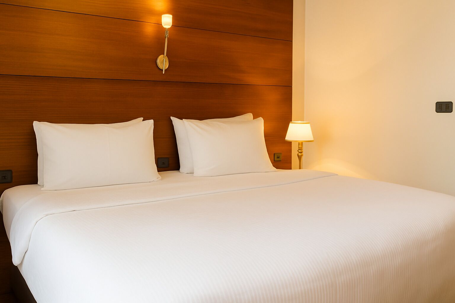 Una cama bien hecha con sábanas blancas, un cabecero de madera y una lámpara de noche.