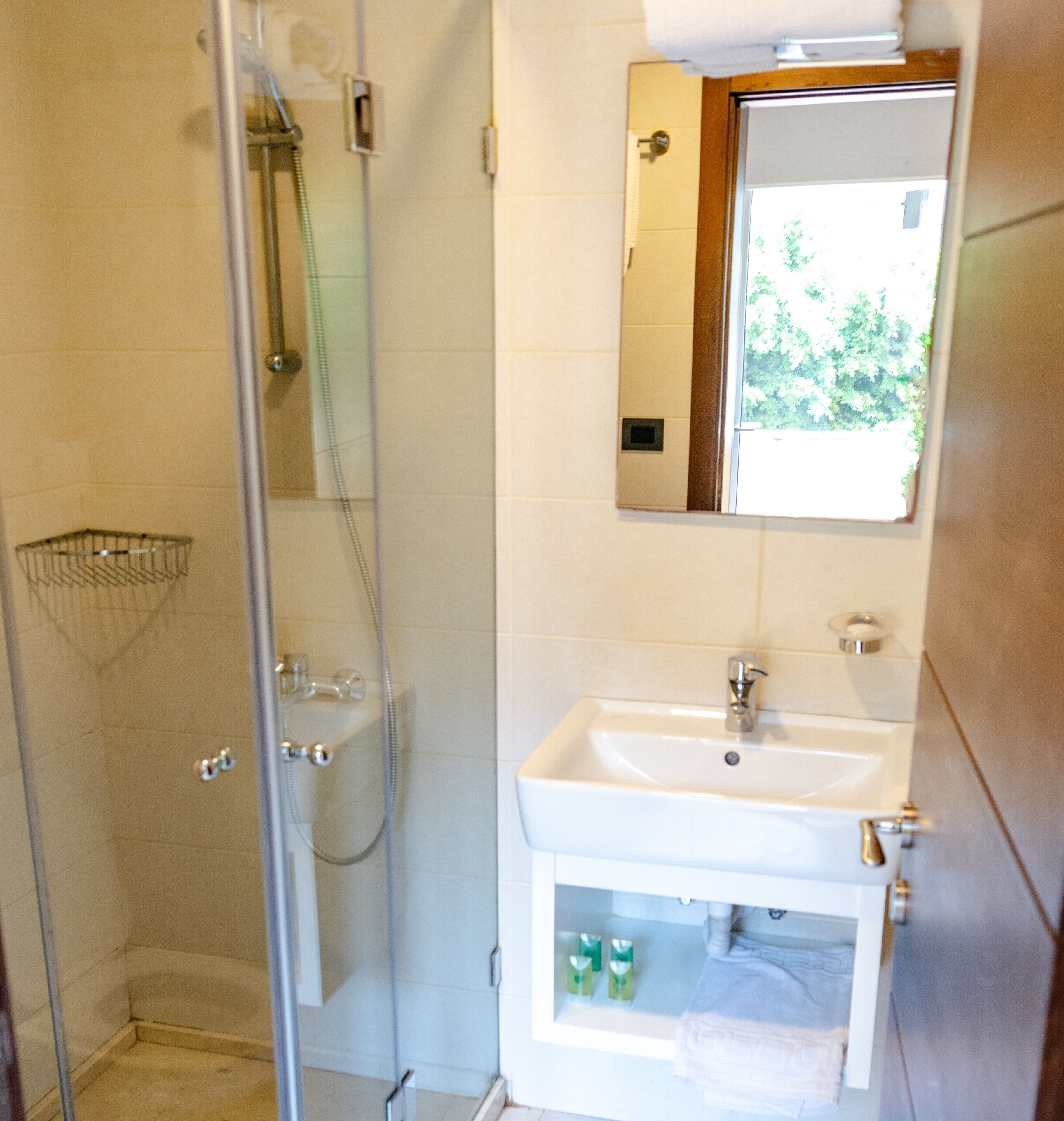 Un baño con ducha de vidrio, lavamanos blanco y espejo encima.