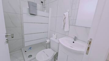 Shower, free toiletries, hair dryer, towels