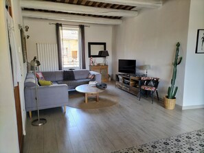 TV, caminetto, libri