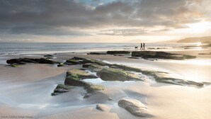 Una playa con rocas y arena, dos personas caminando y un perro.